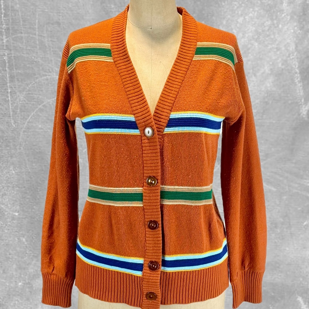 VINTAGE 60s knit sweater cardigan v neck button front burnt orange sporty stripe